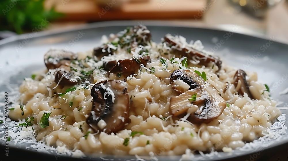 Risotto with mushrooms and parsley in a plate on a light background Risotto with mushrooms and parsley in a plate on a light background