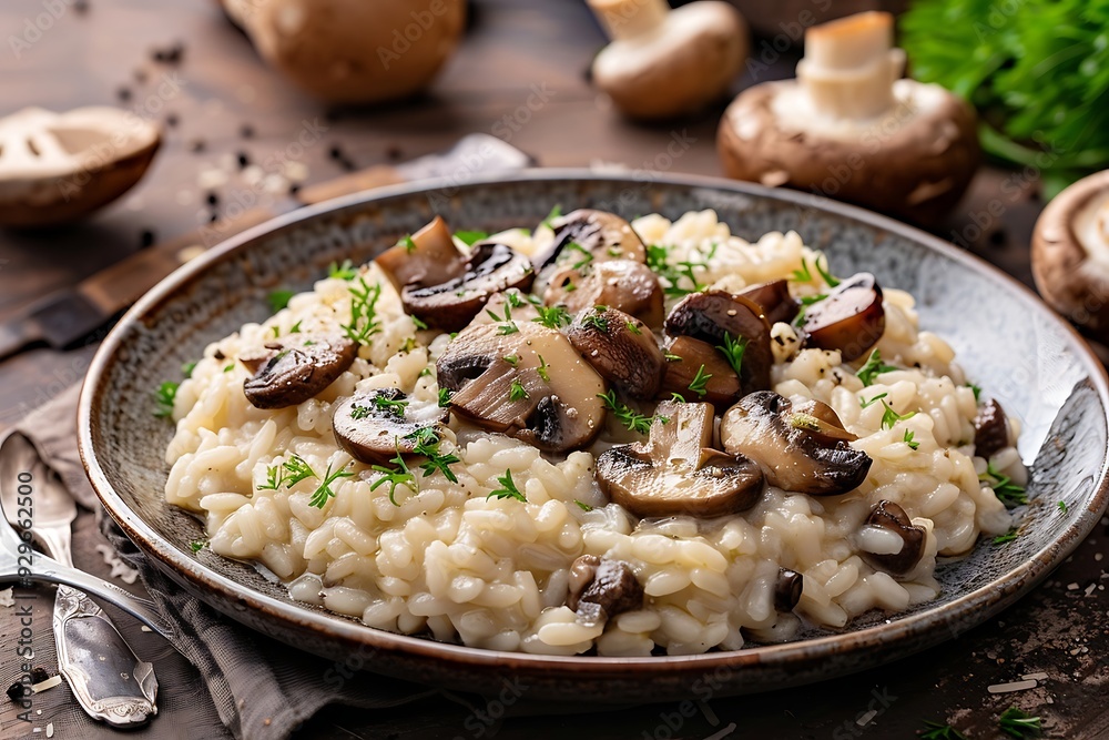 Risotto with mushrooms and parsley in a plate on a light background Risotto with mushrooms and parsley in a plate on a light background