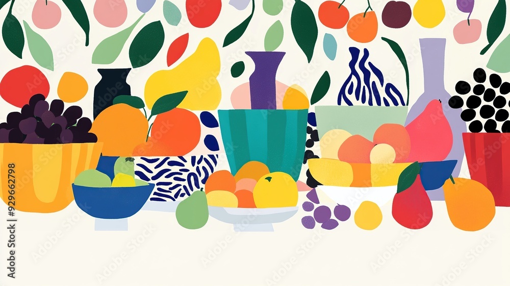 Fototapeta premium Colorful still life with fruit, leaves, and vases.