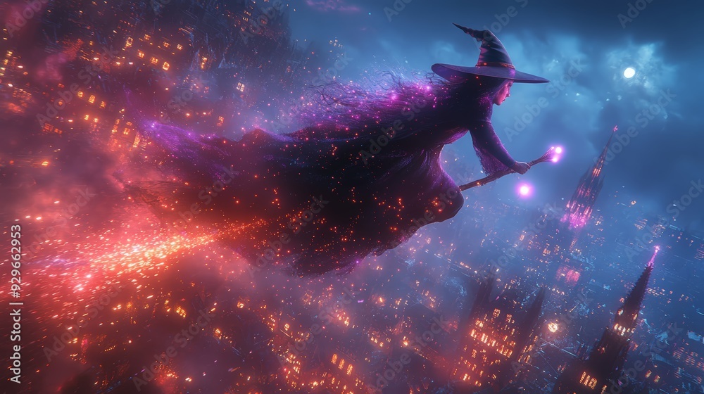 A witch flying on a broomstick, collecting glowing health orbs in a video game, 3D illustration A witch flying on a broomstick, collecting glowing health orbs in a video game, 3D illustration