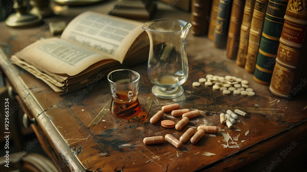 Fototapeta premium A delicious pill glass on an antique desk