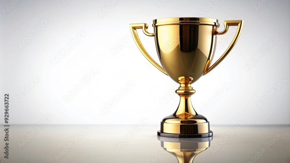 Gold trophy cup on white background with reflection, achievement, winner, success, victory, first place, competition, award Gold trophy cup on white background with reflection, achievement, winner, success, victory, first place, competition, award