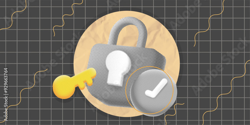 Collage halftone padlock and checkmark symbolizing strong security. Perfect for illustrating cybersecurity, data protection, and privacy topics