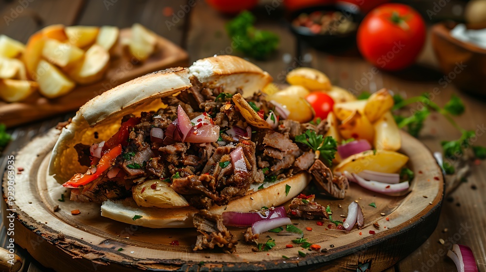 A delicious shawarma sandwich on an ancient wooden dish bursting with crispy potatoes and luscious meat A delicious shawarma sandwich on an ancient wooden dish bursting with crispy potatoes and luscious meat