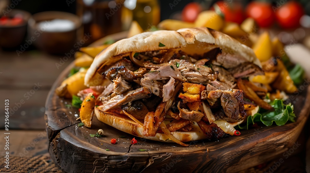 A delicious shawarma sandwich on an ancient wooden dish bursting with crispy potatoes and luscious meat A delicious shawarma sandwich on an ancient wooden dish bursting with crispy potatoes and luscious meat