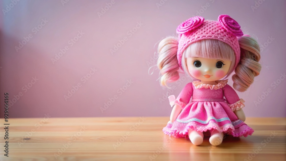 Fototapeta premium Stylish pink doll displayed on a tabletop , adorable, doll, pink, stylish, display, table, cute, decoration, toy