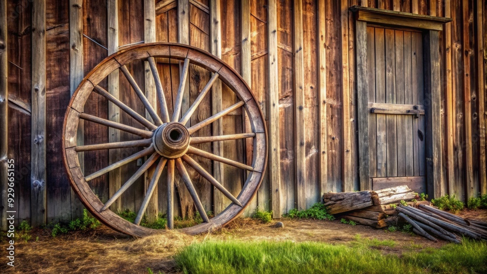 Old Victorian photograph of broken down wagon wheel against barn, vintage, rustic, antique, weathered, decaying Old Victorian photograph of broken down wagon wheel against barn, vintage, rustic, antique, weathered, decaying