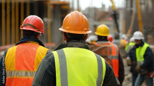 Busy Construction Site with Workers in Reflective Vests and Helmets, Emphasizing Safety Gear and Teamwork