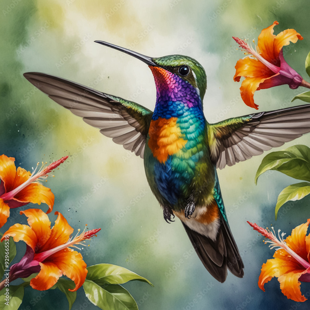 Fototapeta premium Watercolor illustration of a Fiery-throated Hummingbird in mid-hover or perched delicately on a branch