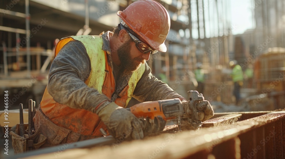 Safety First - Worker in Reflective Gear Using Power Tools at a Construction Site Safety First - Worker in Reflective Gear Using Power Tools at a Construction Site