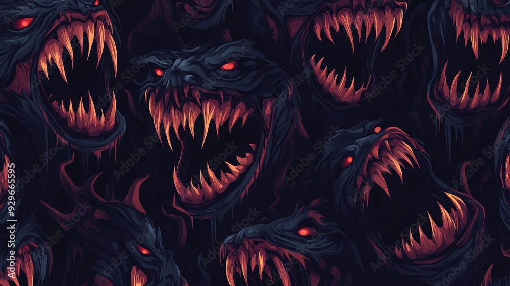 Sinister Creatures: Spooky Monsters with Menacing Teeth in Dark Horror Seamless Pattern Sinister Creatures: Spooky Monsters with Menacing Teeth in Dark Horror Seamless Pattern