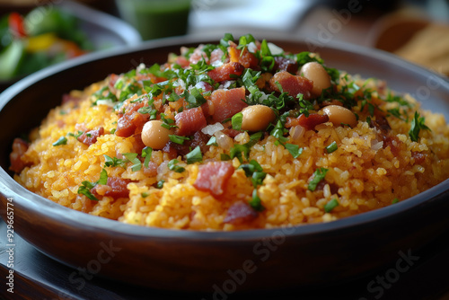 Farofa Brazilian food Famous for its distinctive smoky flavor, this is a deliciously salty dish made from small pieces of bacon fried with cassava flour. It is served with rice and beans