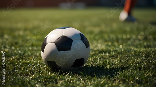 following the game. Close-up of a soccer ball on the football field's grass in a packed stadium