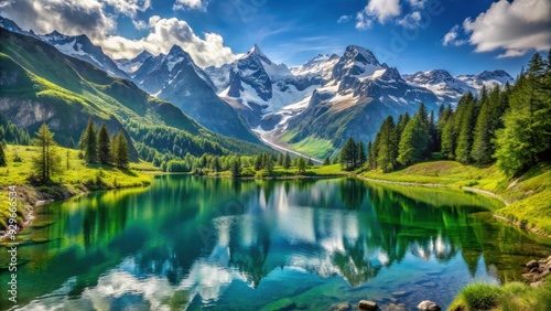 Mountain landscape with snow capped peaks, lush greenery, and crystal clear lakes, mountain