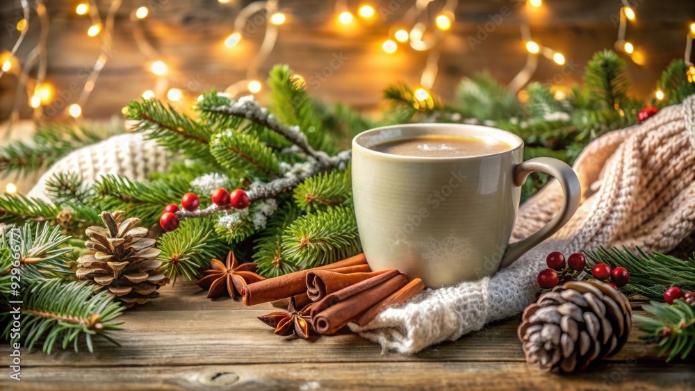 Cozy and inviting scene featuring a mug of hot cocoa surrounded by winter greenery and Christmas decorations, hot cocoa, winter Cozy and inviting scene featuring a mug of hot cocoa surrounded by winter greenery and Christmas decorations, hot cocoa, winter