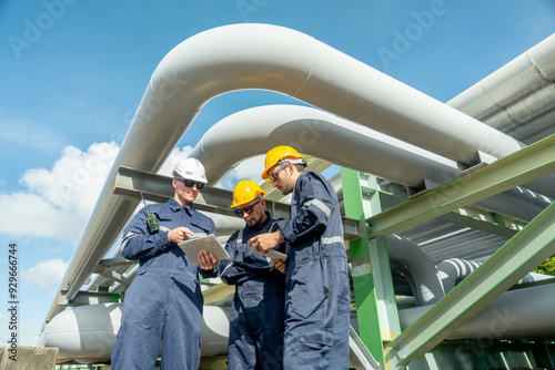 Group of engineer or factory technician worker team stand near and under petrochemical gas pipeline and use tablet to discuss about their work in workplace.