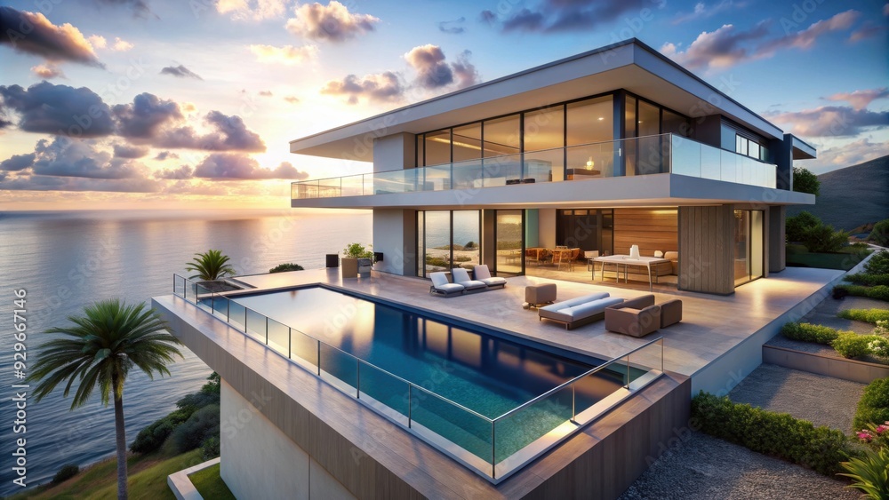Fototapeta premium Luxury villa with modern design and panoramic ocean views, luxury, villa, modern, design, architecture, panoramic