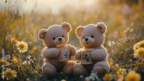 Two handcrafted teddy bears holding jars, surrounded by wildflowers during sunset