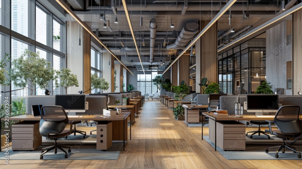 The modern open-plan office with a clean, organized layout. The workspace features rows of individual desks equipped with computers and ergonomic office chairs, separated by privacy screens. The modern open-plan office with a clean, organized layout. The workspace features rows of individual desks equipped with computers and ergonomic office chairs, separated by privacy screens.