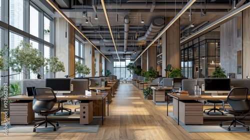 The modern open-plan office with a clean, organized layout. The workspace features rows of individual desks equipped with computers and ergonomic office chairs, separated by privacy screens.