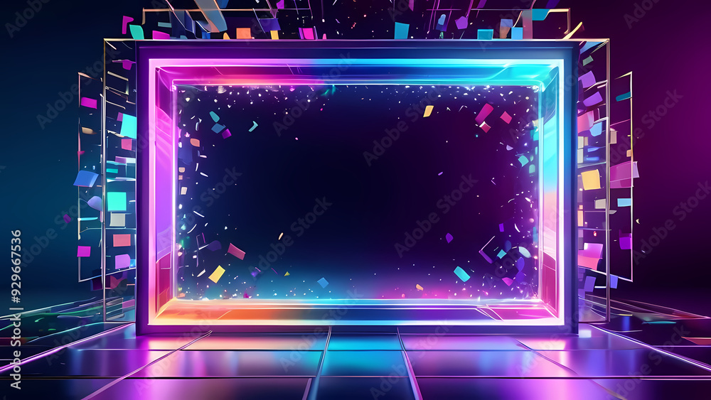 A colorful abstract background with a translucent rectangular frame in the center, surrounded by scattered geometric elements and light reflections A colorful abstract background with a translucent rectangular frame in the center, surrounded by scattered geometric elements and light reflections