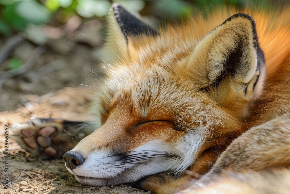 Obraz premium Adorable red fox sleeping peacefully, wildlife relaxation