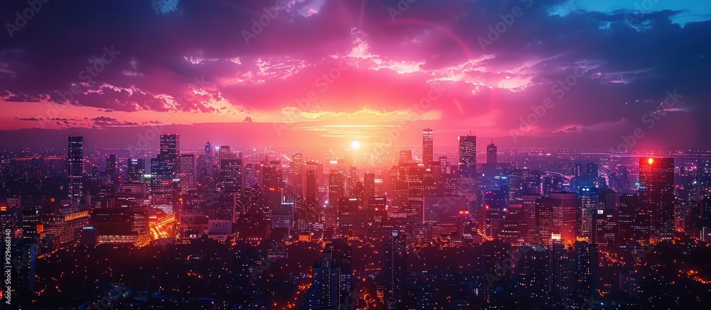 Obraz premium Cityscape at Sunset with Pink and Blue Sky