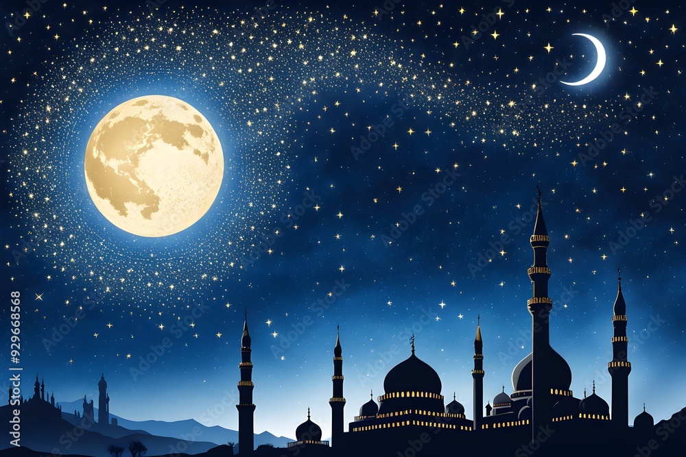 A moon is shining in the sky above a city with a large mosque A moon is shining in the sky above a city with a large mosque