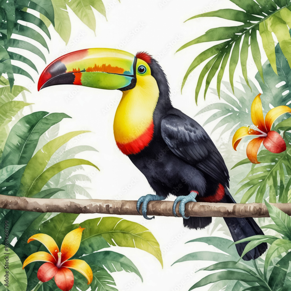 Obraz premium Watercolor illustration of a Keel-billed Toucan perched on a branch. Focus on the bird’s striking, colorful beak with its vibrant hues of yellow, green, red, and blue.