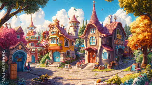 Charming colorful village with whimsical houses and blooming gardens under a bright blue sky