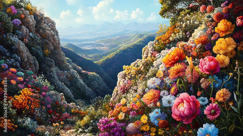 Fototapeta premium Vibrant Floral Canvas: A Captivating Poster of Rocky Hills Adorned with Blossoms and Lush Vegetation, Perfect for Enlivening Any Sports or Nature-Inspired Interior!