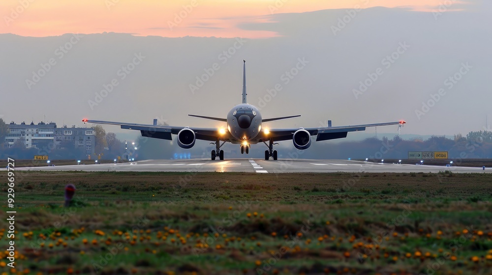 Fototapeta premium US Air Force Boeing KC-135 Stratotanker touching down on the runway in Lviv after a training flight