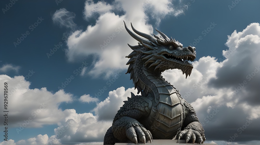 Fototapeta premium a statue of a dragon with clouds in the background. generative ai