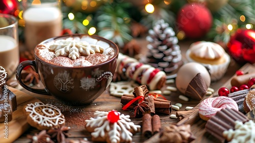 A festive table with christmas goodies and a cup of hot cocoa