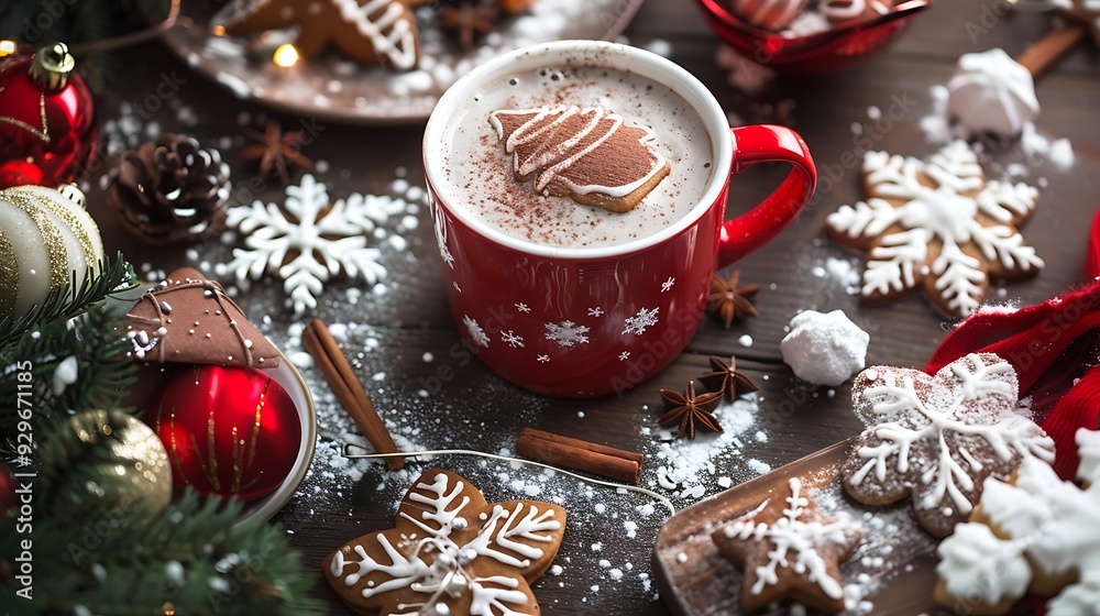 A festive table with christmas goodies and a cup of hot cocoa A festive table with christmas goodies and a cup of hot cocoa
