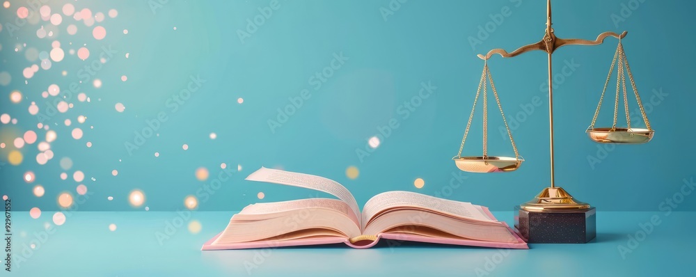 Justice scales with an open book, law and equality, flat design illustration Justice scales with an open book, law and equality, flat design illustration