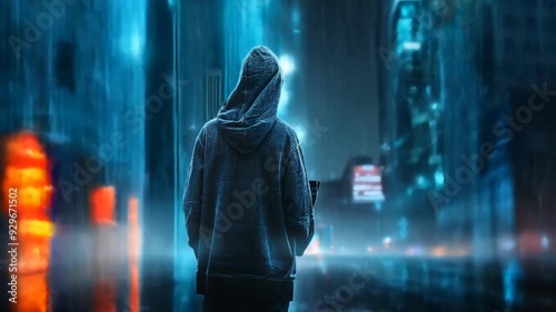 A Hacker in a Hoodie Against a Virtual Backdrop with Bitcoin Symbols - Perfect for Cryptocurrency and Fintech Themes, Blockchain Technology Presentations, and Cybersecurity Marketing