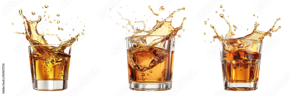 Set of three glasses of whiskey with splash effects isolated on transparent background Set of three glasses of whiskey with splash effects isolated on transparent background