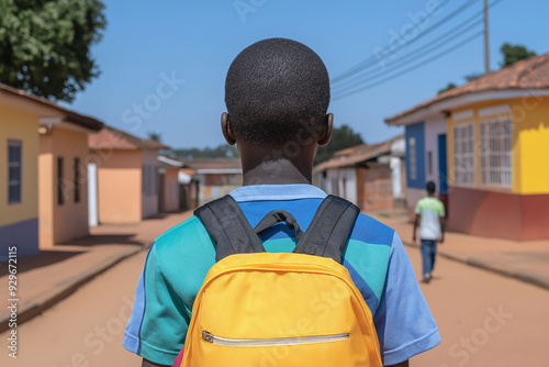 Boy walking to school on a sunny day in a small town