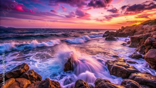 Fototapeta Naklejka Na Ścianę i Meble -  Rocky Mediterranean shore at sunset with pink and purple waves crashing against rocks, Mediterranean, sunset, rocky shore, waves