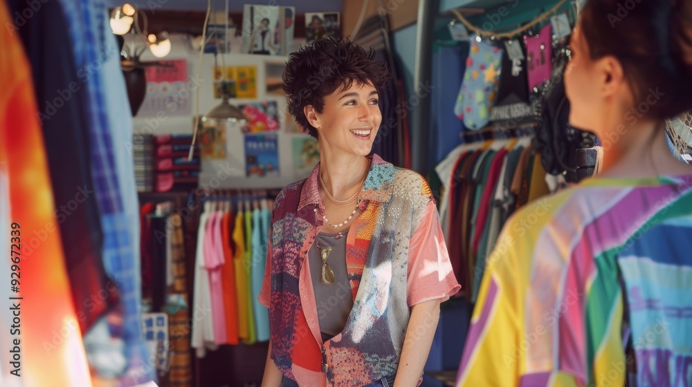 LGBTQ employee helping a customer at a small boutique, friendly and inclusive interaction, well-decorated store, positive shopping experience, bright and inviting environment LGBTQ employee helping a customer at a small boutique, friendly and inclusive interaction, well-decorated store, positive shopping experience, bright and inviting environment