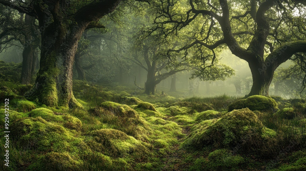 A serene forest scene with lush greenery and mist, inviting tranquility and exploration. A serene forest scene with lush greenery and mist, inviting tranquility and exploration.