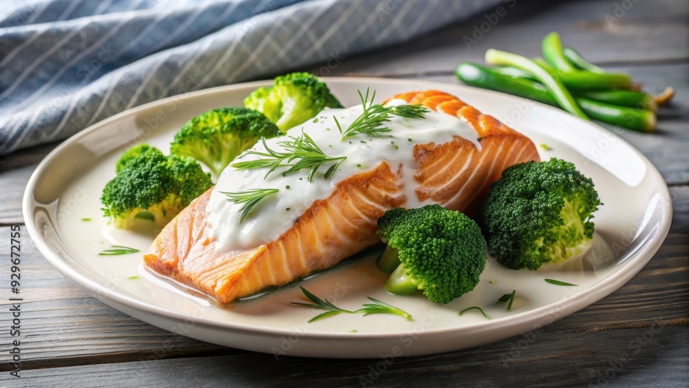 Plate of pan-seared salmon with creamy dill sauce and steamed broccoli, salmon, pan-seared, creamy dill sauce, steamed broccoli Plate of pan-seared salmon with creamy dill sauce and steamed broccoli, salmon, pan-seared, creamy dill sauce, steamed broccoli