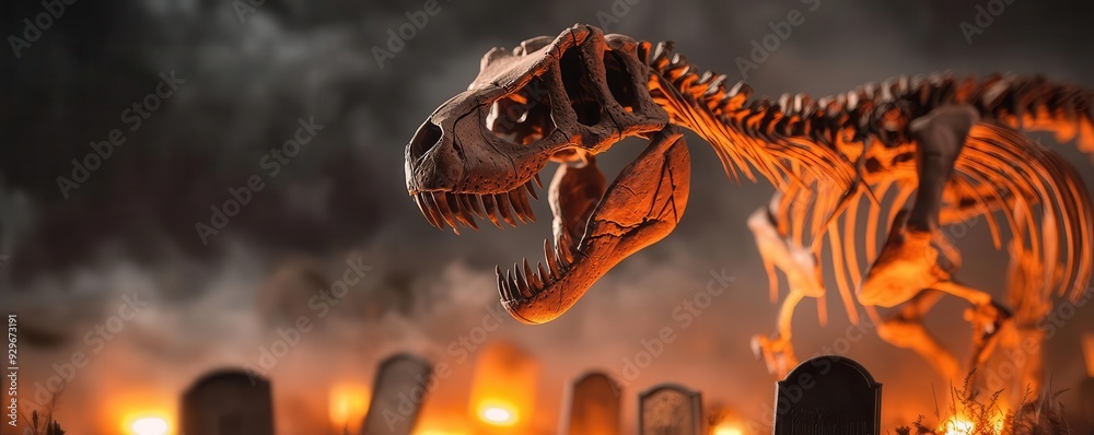 Skeleton T-Rex towering over a graveyard with fog and glowing gravestones, spooky Halloween, dark dinosaur theme Skeleton T-Rex towering over a graveyard with fog and glowing gravestones, spooky Halloween, dark dinosaur theme