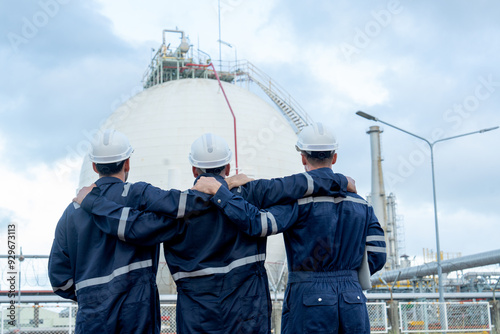 Back of engineer or technician workers stand with hug the neck and look to the tank in petrochemical factory with cloudy sky.