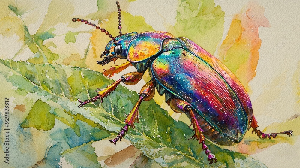 Naklejka premium Watercolor beetle with iridescent colors, resting on a leaf.