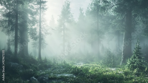 A serene forest scene with mist and sunlight filtering through tall trees.