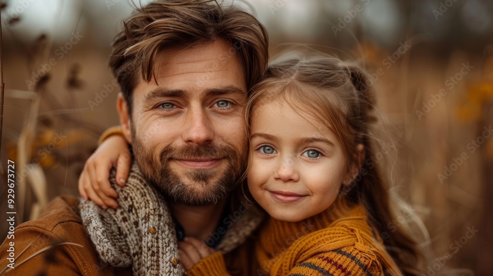 Father and daughter share a joyful moment outdoors during autumn in a field with tall grass and colorful foliage Father and daughter share a joyful moment outdoors during autumn in a field with tall grass and colorful foliage
