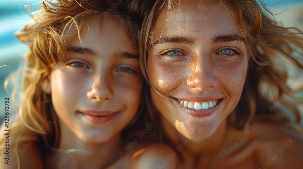 Smiling mother and daughter enjoying a sunny day at the beach, sharing a joyful moment and embracing their bond during summer vacation Smiling mother and daughter enjoying a sunny day at the beach, sharing a joyful moment and embracing their bond during summer vacation