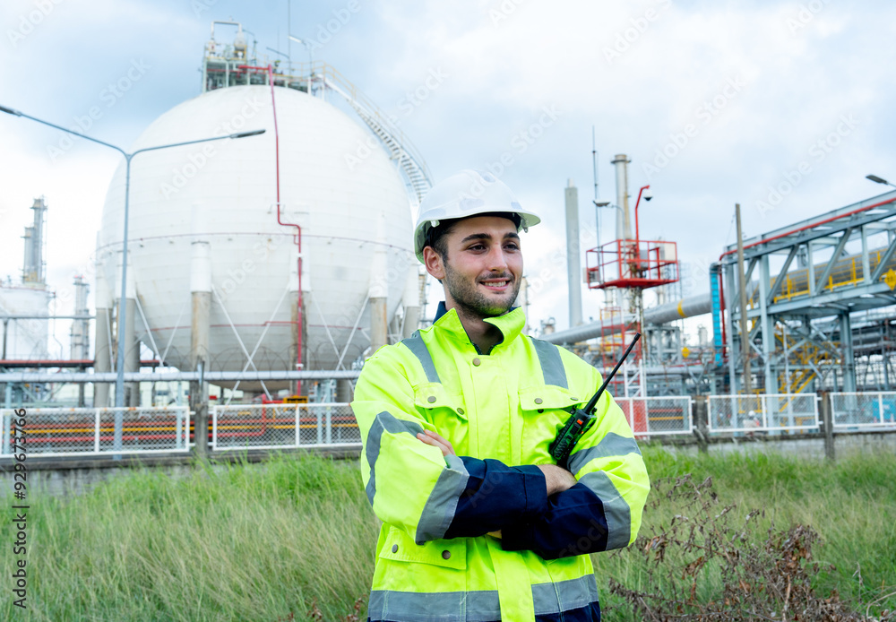 custom made wallpaper toronto digitalPortrait of engineer or technician worker stand with hold walkie-talkie and stand with arm-crossed in front of petrochemical tank also look to right side.